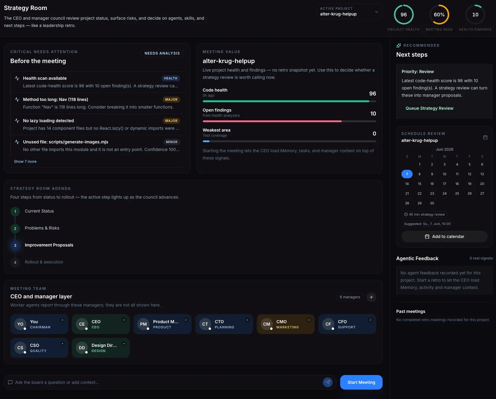 ACE Strategy Room: Projektstatus, Risiken und nächste Schritte