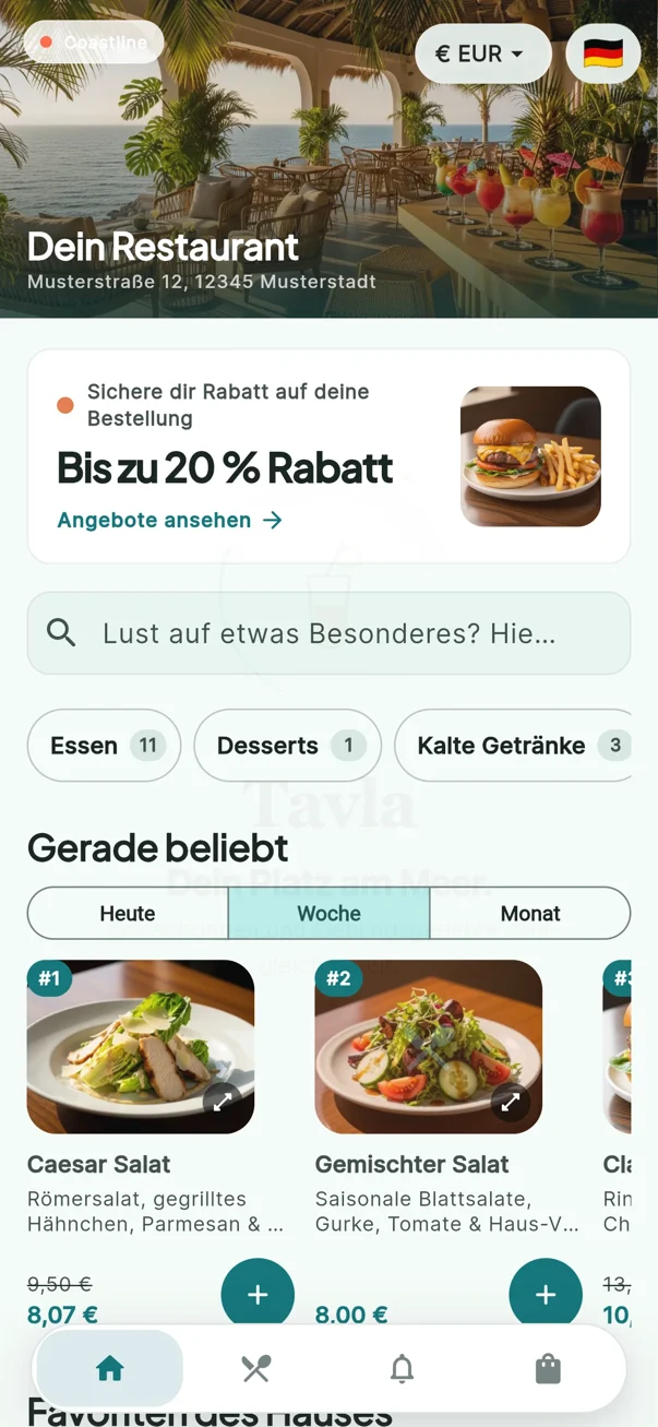 Tavla: Startseite des digitalen Menüs mit Angeboten