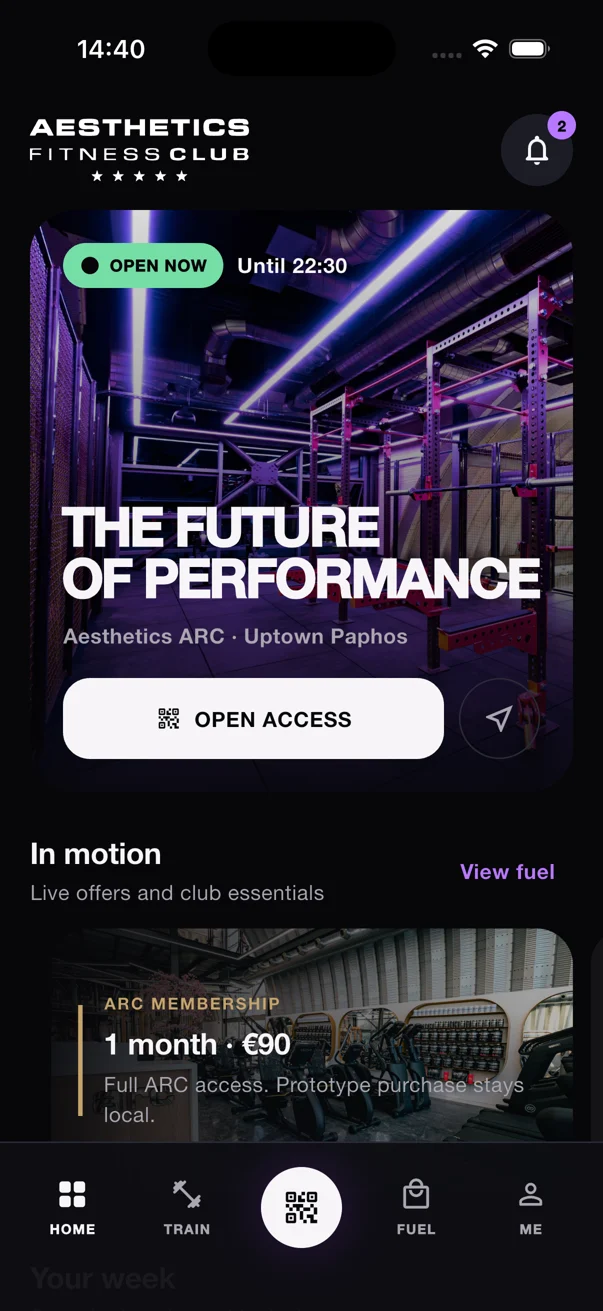 ARC Club App: Startseite mit Öffnungsstatus und Mitgliedschaft