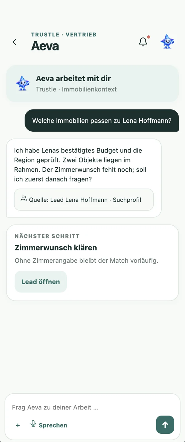 Appiq CRM mobil: Aeva beantwortet eine Frage mit Quelle
