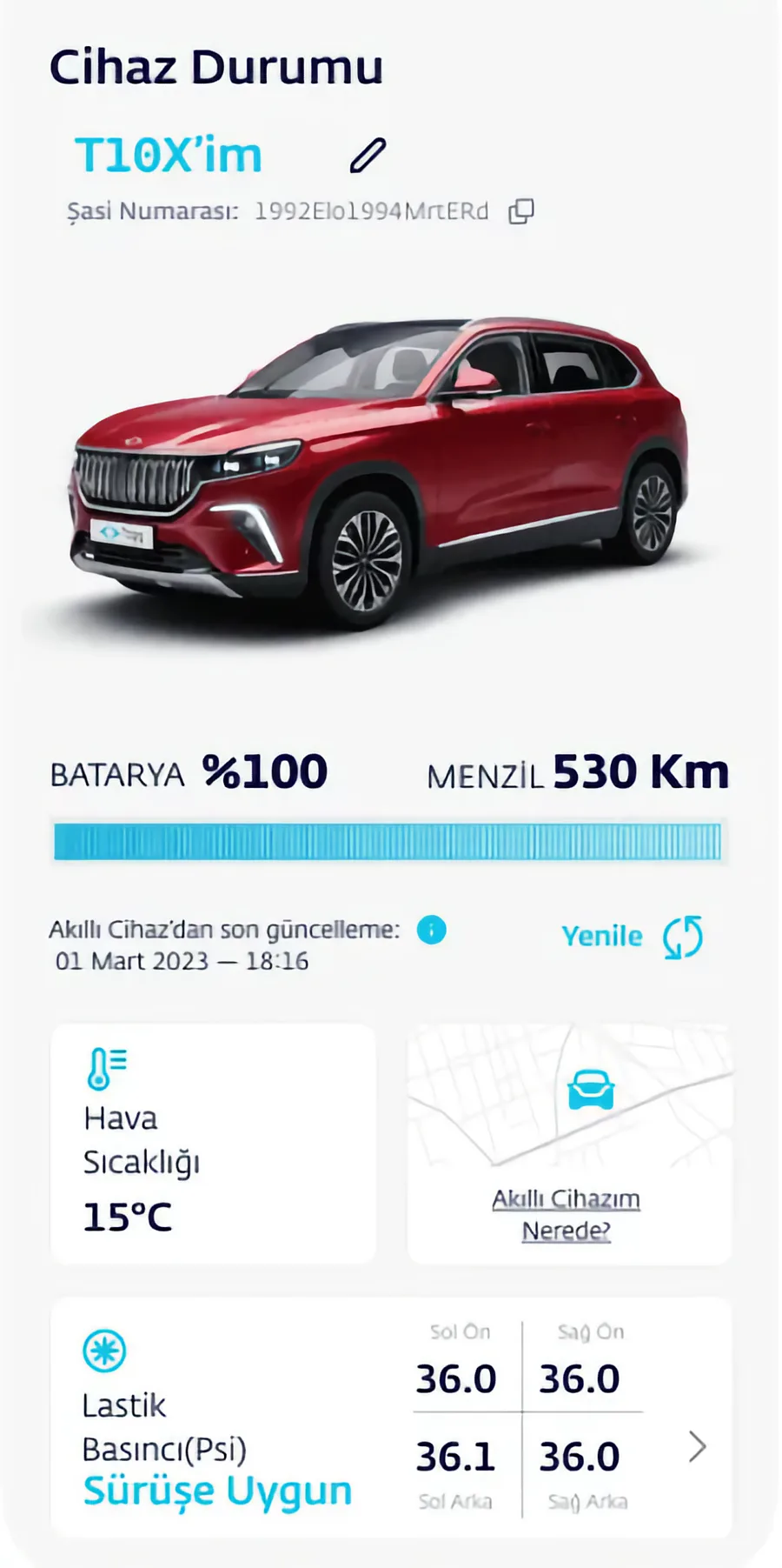 Togg-App: Fahrzeugstatus mit Akku, Reichweite, Klima und Reifendruck