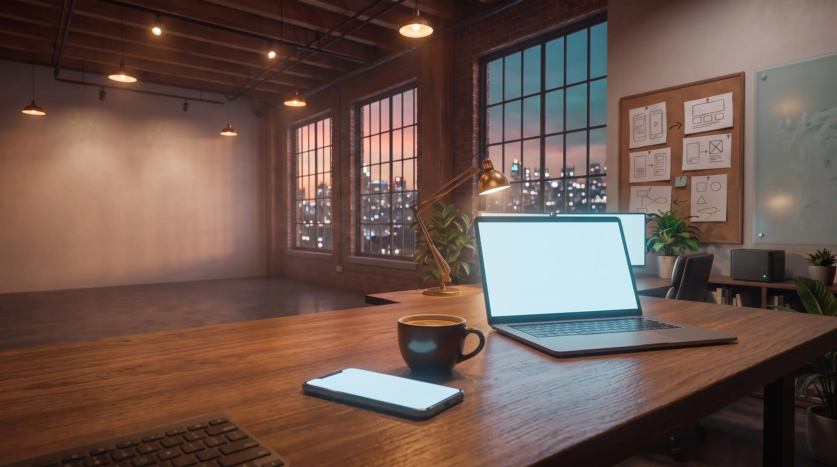 Der Schreibtisch mit Laptop, Smartphone und einer Tasse Kaffee, dahinter das Studio in warmem Licht.