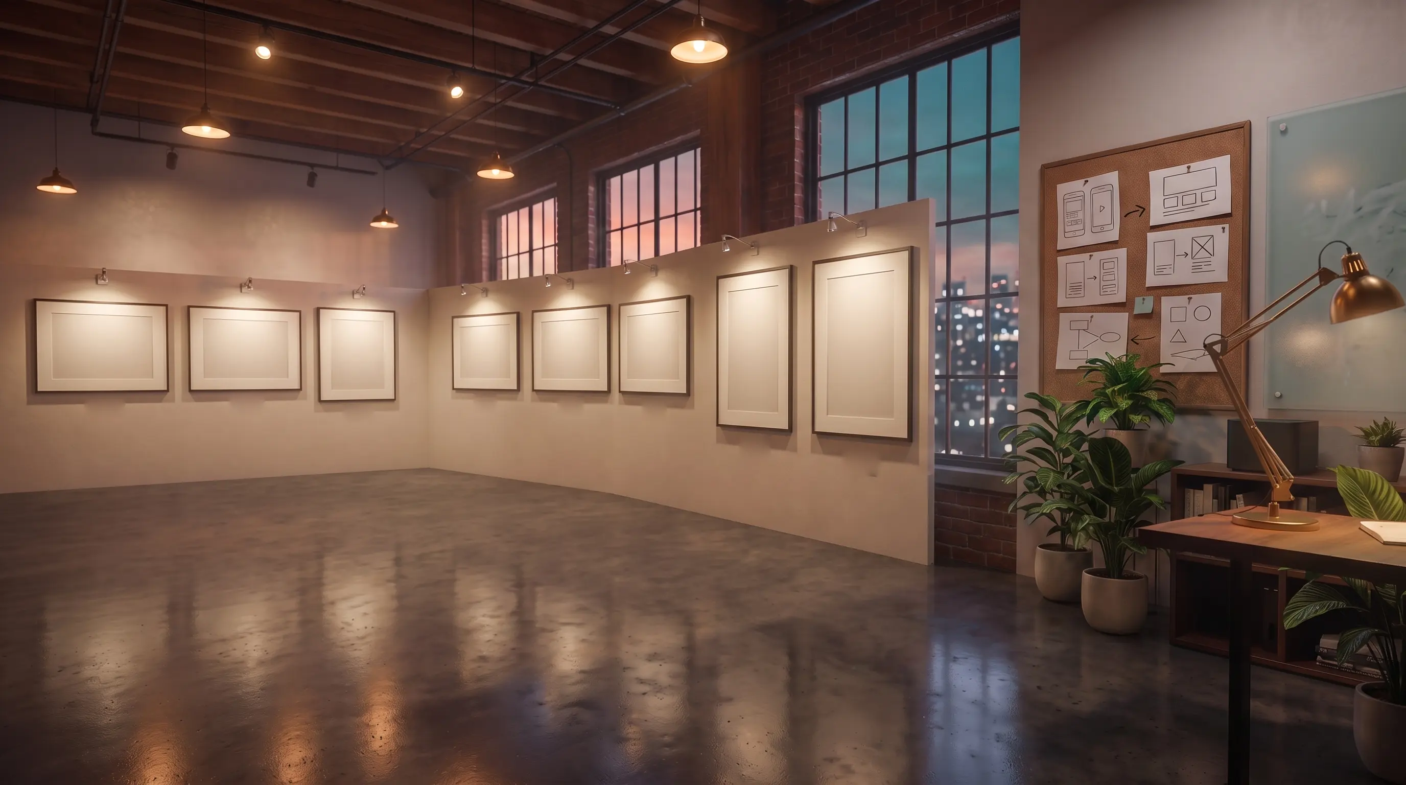 Das Studio ist eine Galerie geworden: an zwei Wänden hängen acht beleuchtete Rahmen.