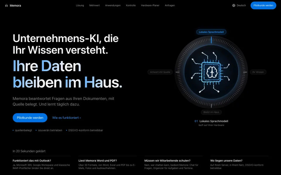 Fertige Landingpage, Startseite der Memora-Website