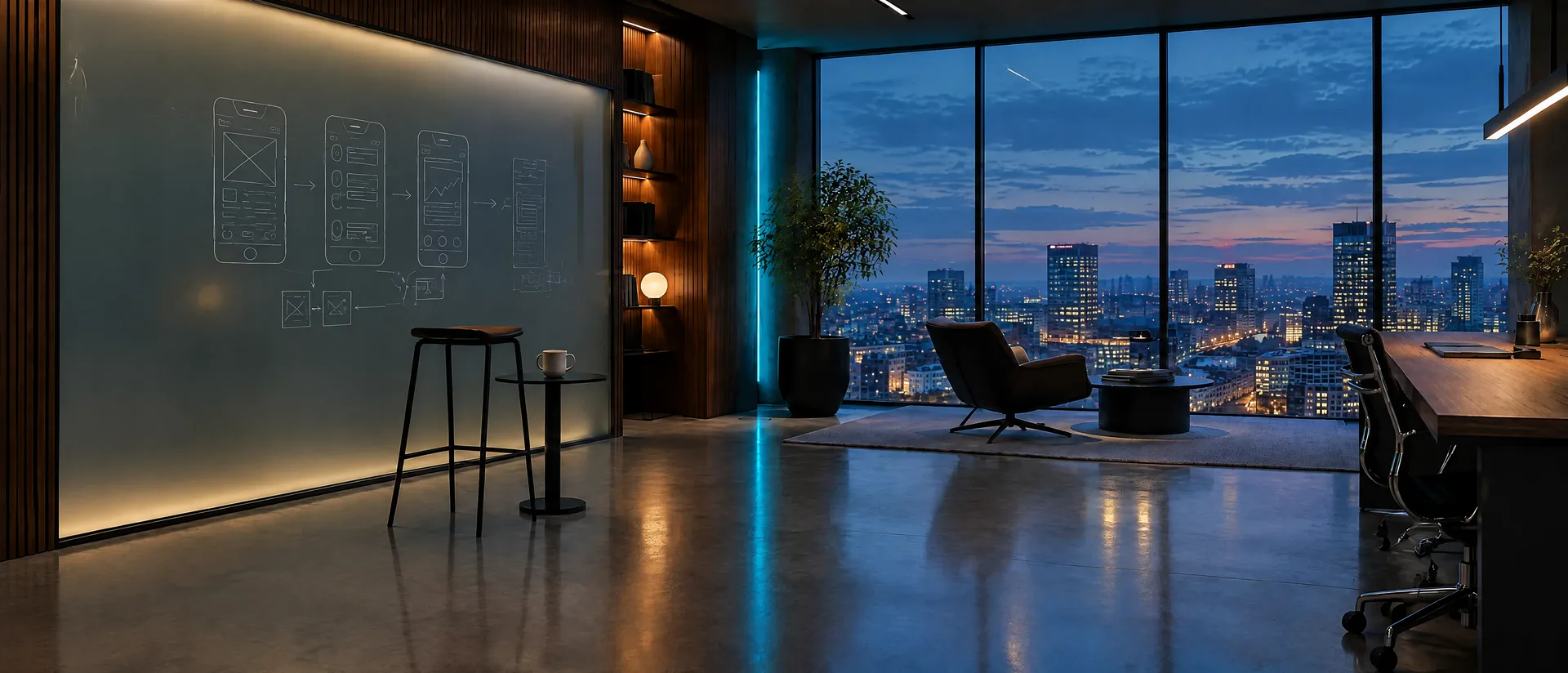 Ein modernes Studio in der blauen Stunde, links eine Glaswand mit der Skizze einer App.