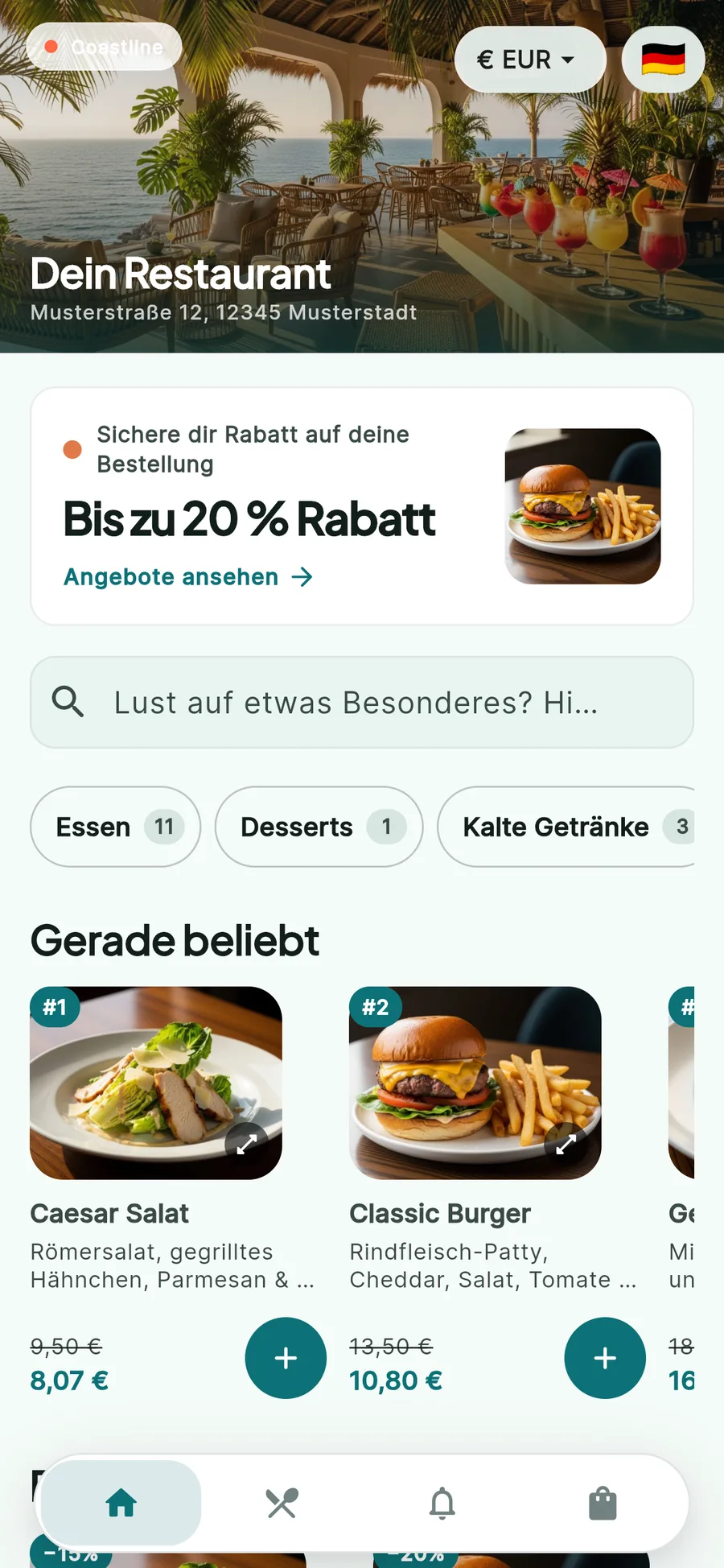 Tavla-Gästeansicht mit der Speisekarte